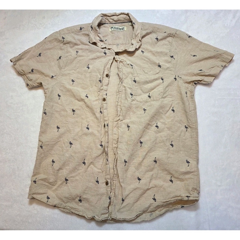 147 Coconut Connection Men's L Linen Cotton Flamingo Print Button-Up Shirt Beige